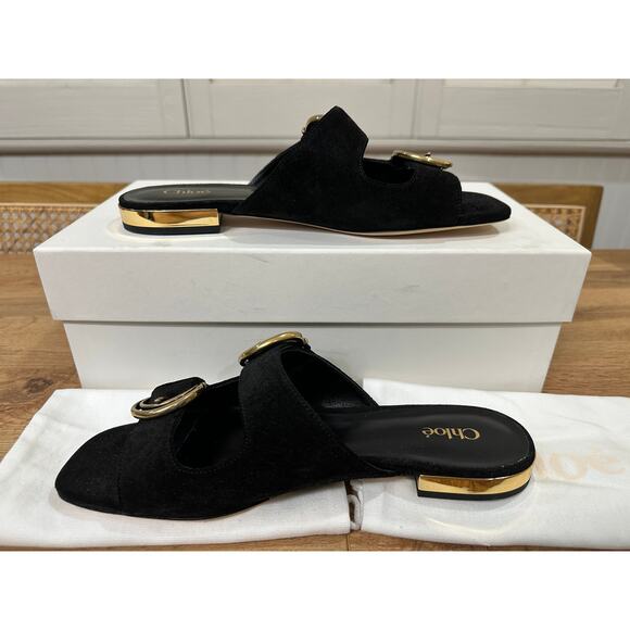 Chloé Alizè Flat Sandals Slides Black Suede Size 8 US 38 EU NIB Gold Buckles - Picture 8 of 16